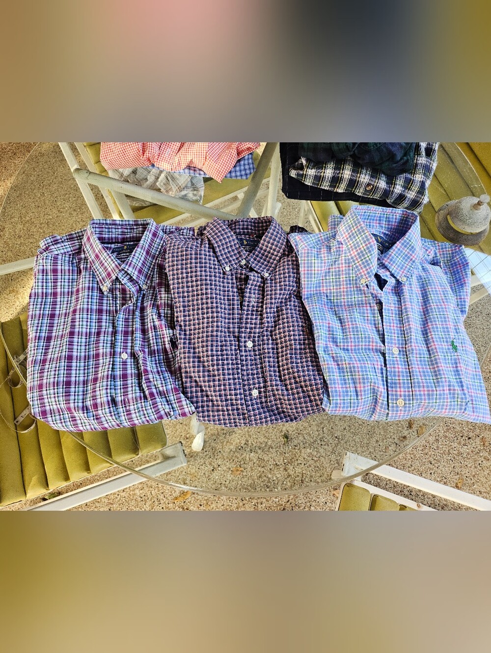 3 X Ralph Lauren Plaid Button-Down Shirts Navy Purple Blue Cotton Stretch L
